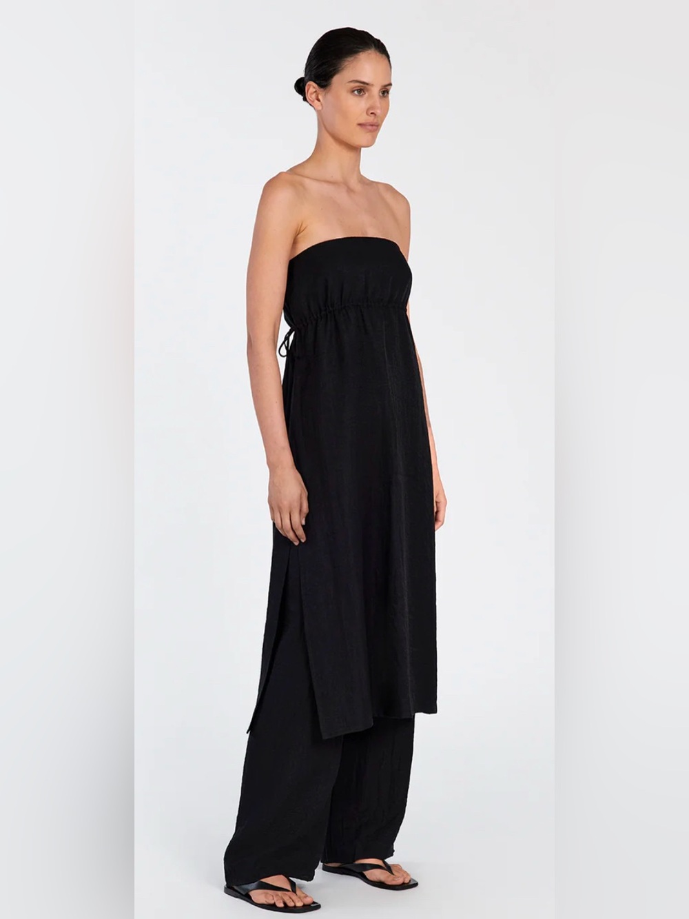 DISSH Mei Strapless Black Linen Blend Tunic Top with Side Ties - Picture 2 of 6